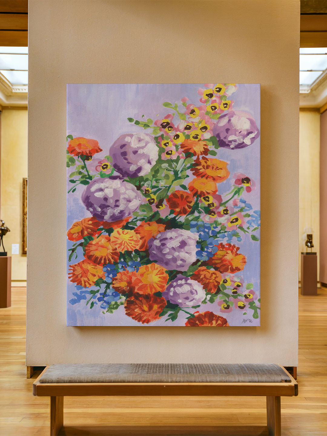 ASIAN MONK Multicoloured  Wood Marigold  & Hydrangea Floral Wall Paintings