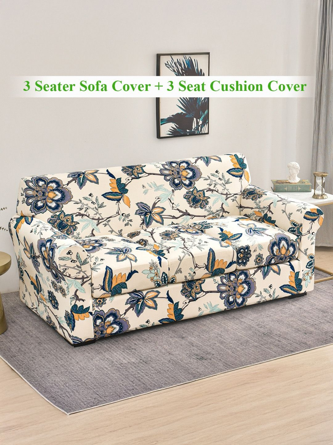 HOKIPO Majestic Flora Cream-Coloured 4 Pieces Printed 3 Seater Sofa Covers With Arms