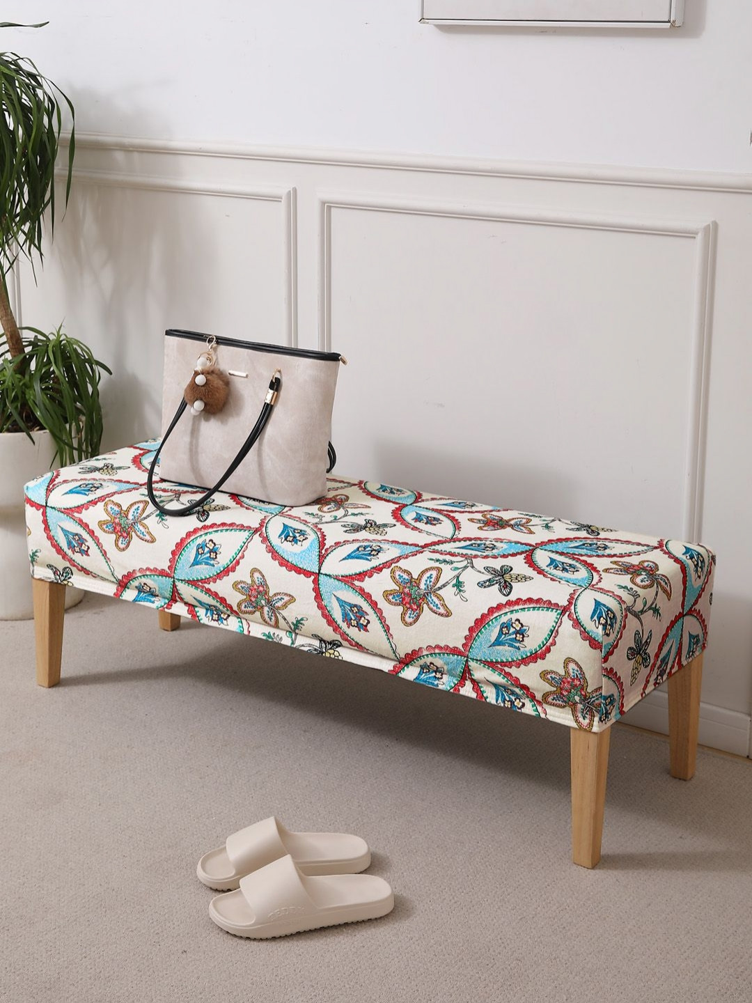 HOKIPO Beige & Red Printed Velvet Stretchable Dining Bench Slipcover