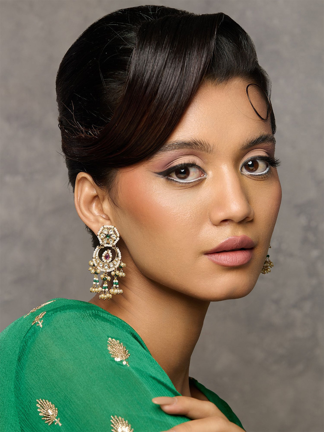 CURIO COTTAGE Gold-Plated Kundan Studded And Pearls Beaded Crescent Shaped Drop Earrings