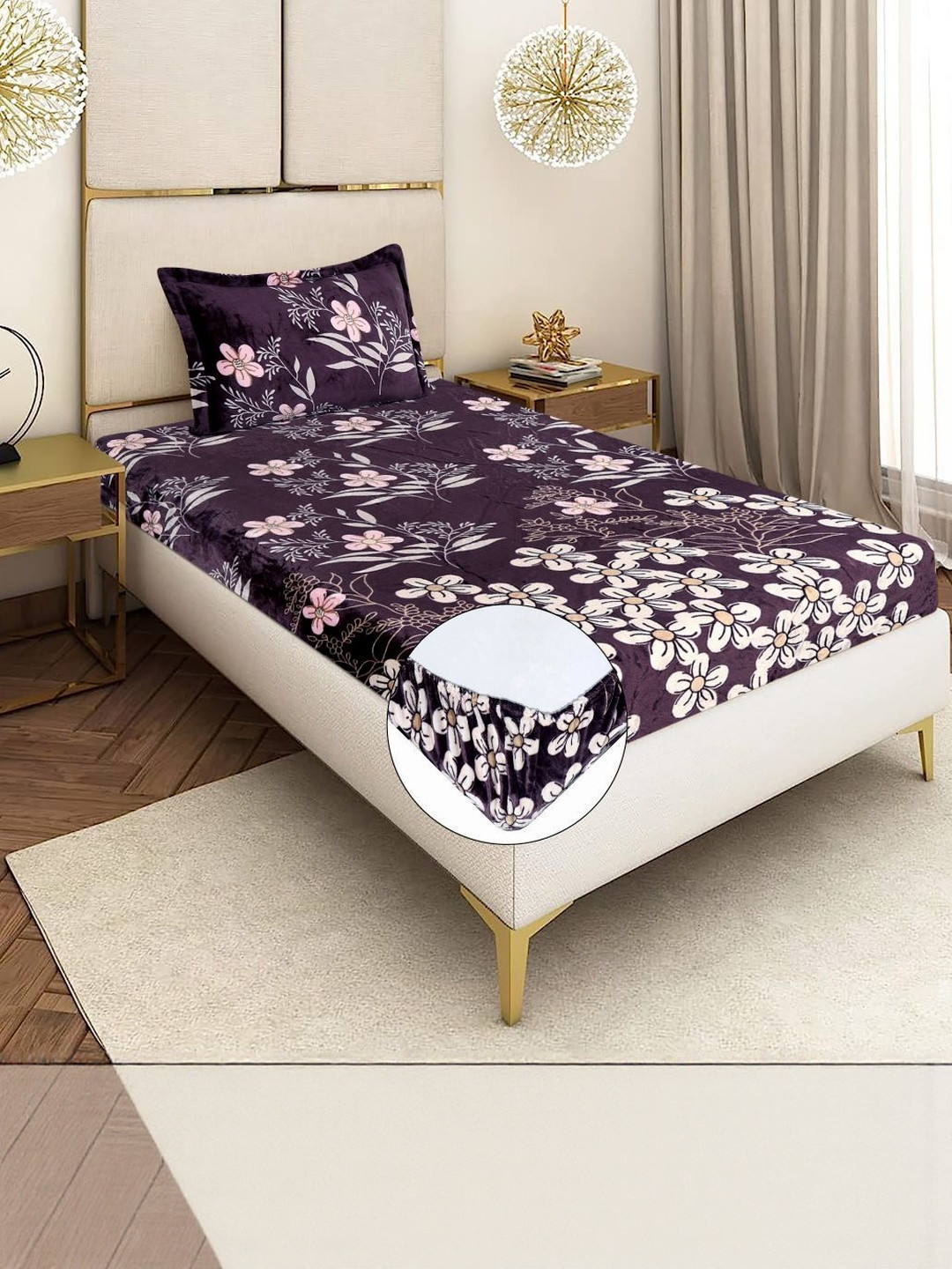 REALDREAM Violet Floral 300 TC Single Bedsheet Set