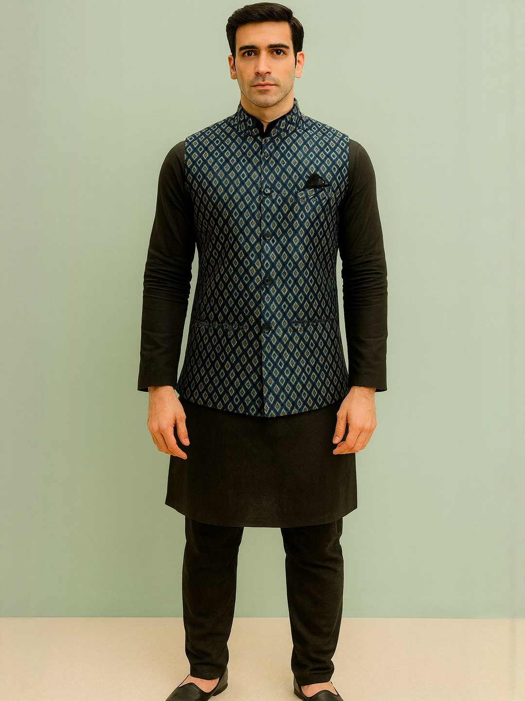 Shahi Achkan Geometric Diamond Printed And Mandarin Collar Waistcoat