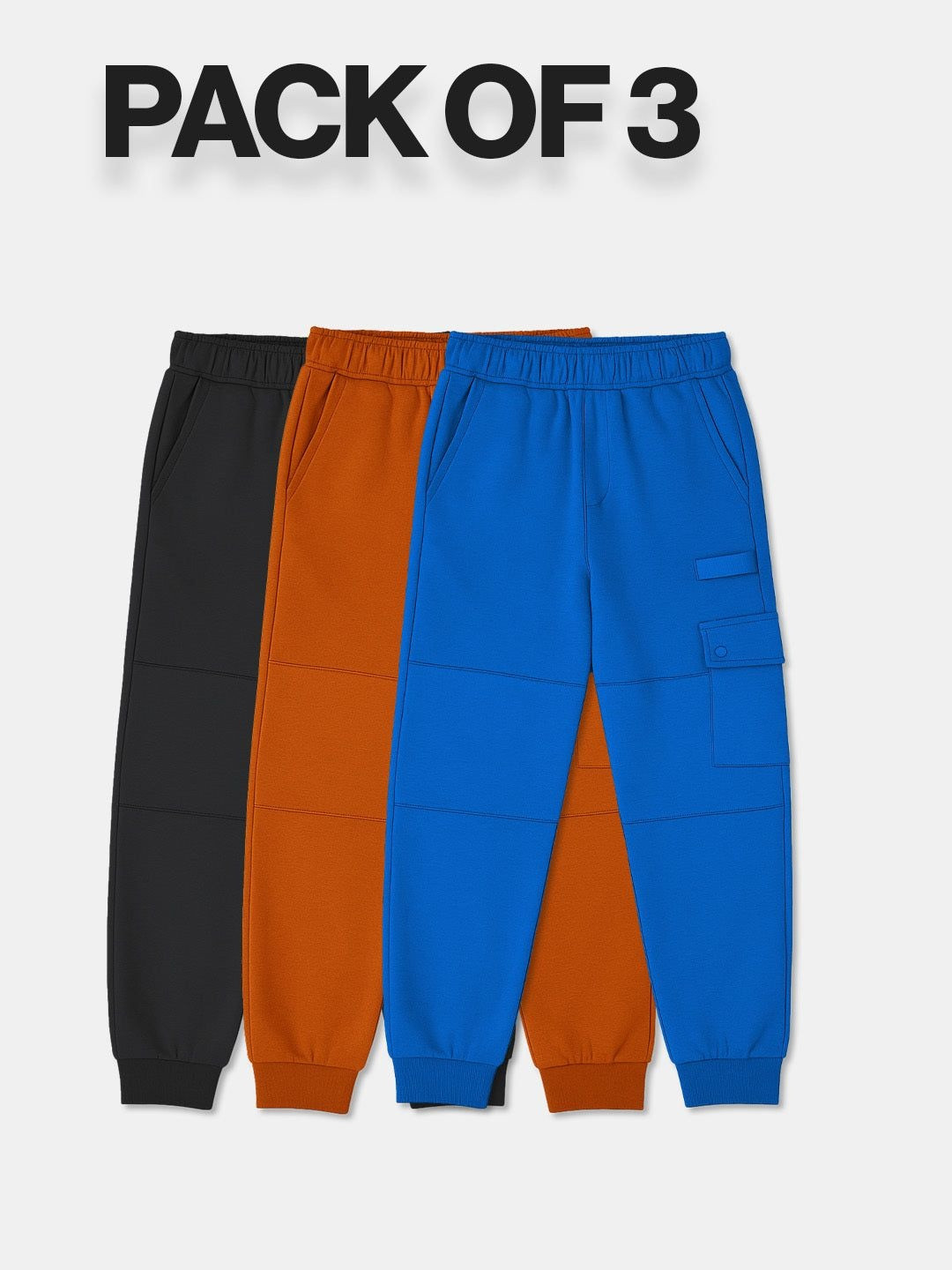 Dotokids Kids Unisex Pack of 3 Black, Blue & Brown Cotton Cargo Joggers Track Pants