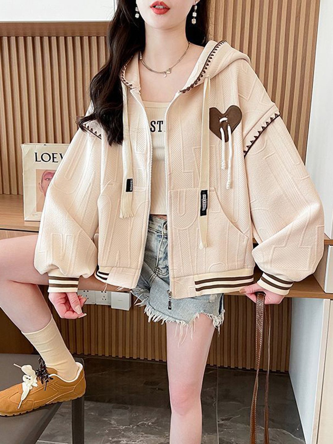 Beige Solid Hooded Zip Front Jacket with Heart Detail