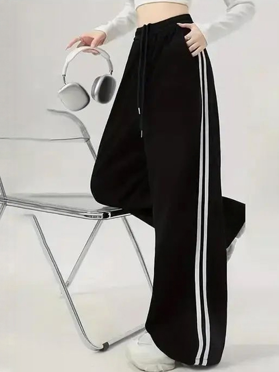 KIBA Women Black Cotton Track Pant With Bold Stripe Lines