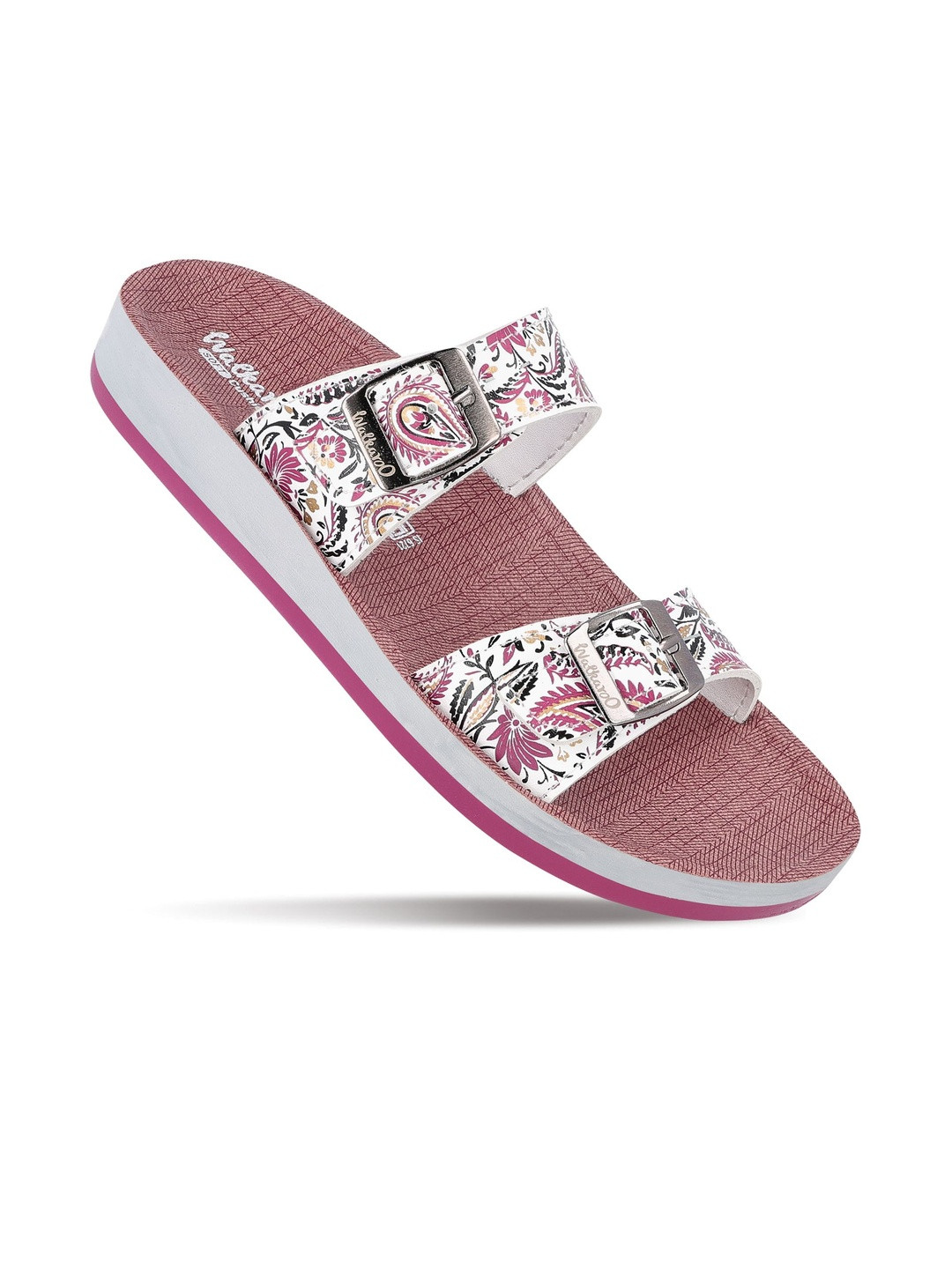 Walkaroo Women Pink & White Printed Buckle Synthetic Open Toe Flats