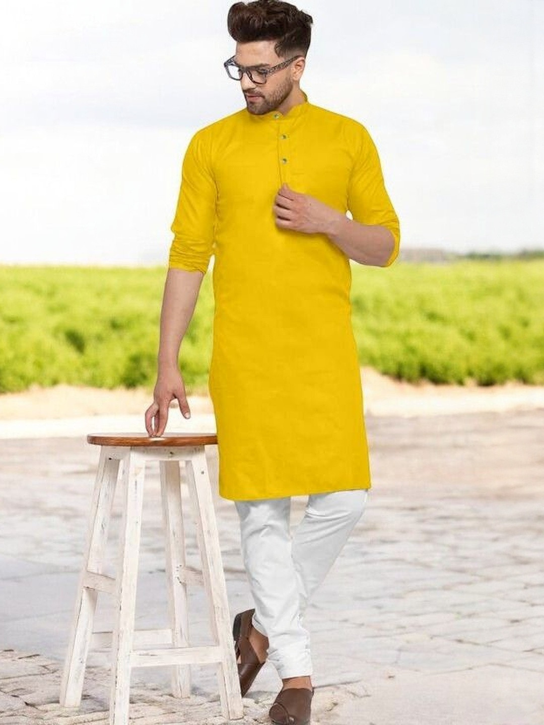 ANUJ FASHION Men Yellow Ethnic Mandarin Collar Long Sleeves Straight Kurta