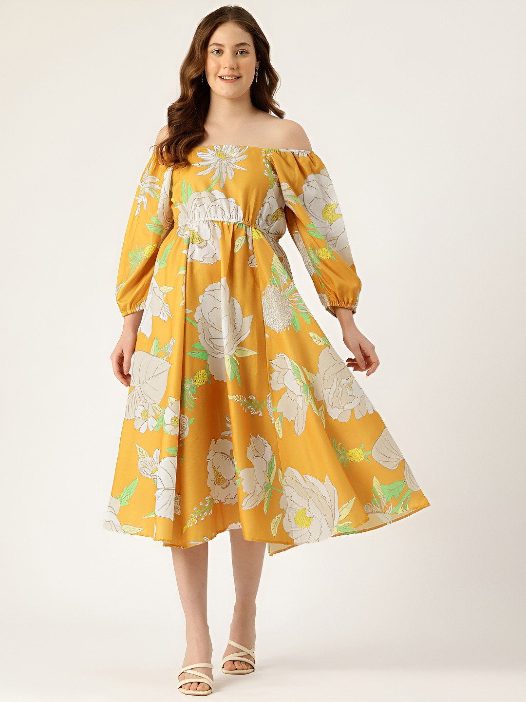 Sleek Italia Women Floral Print Off-Shoulder Fit and Flare Midi Dress