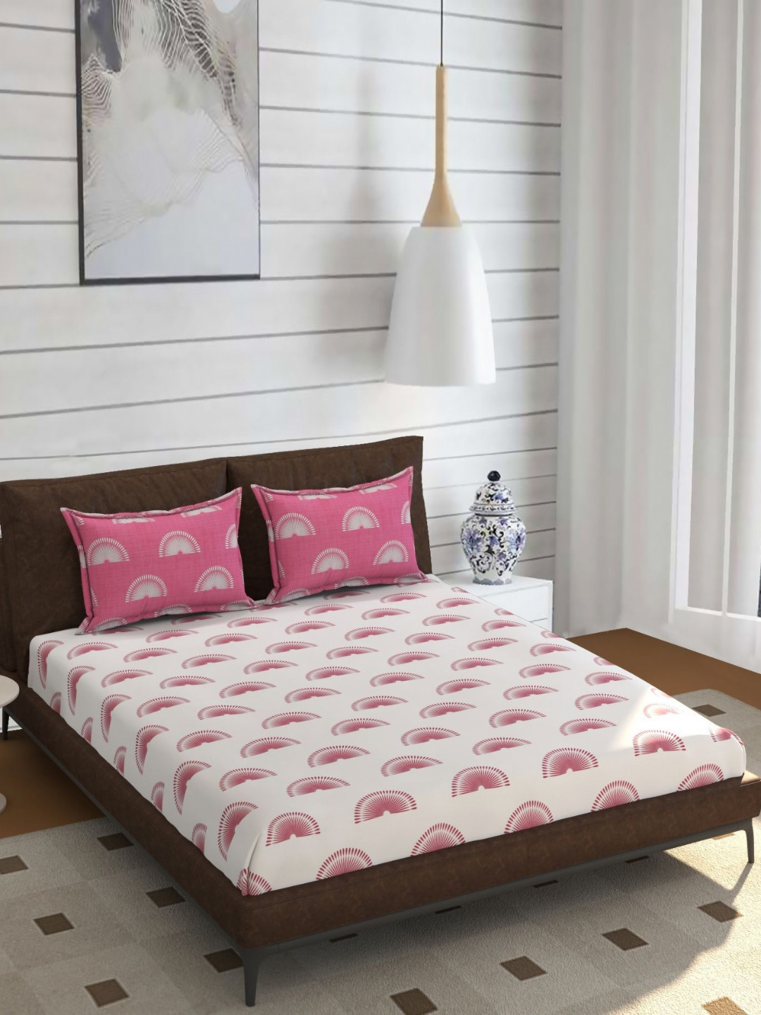 ohello White & Rose Floral Printed 210 TC King Bedsheet Set- 1.98m x 1.82m