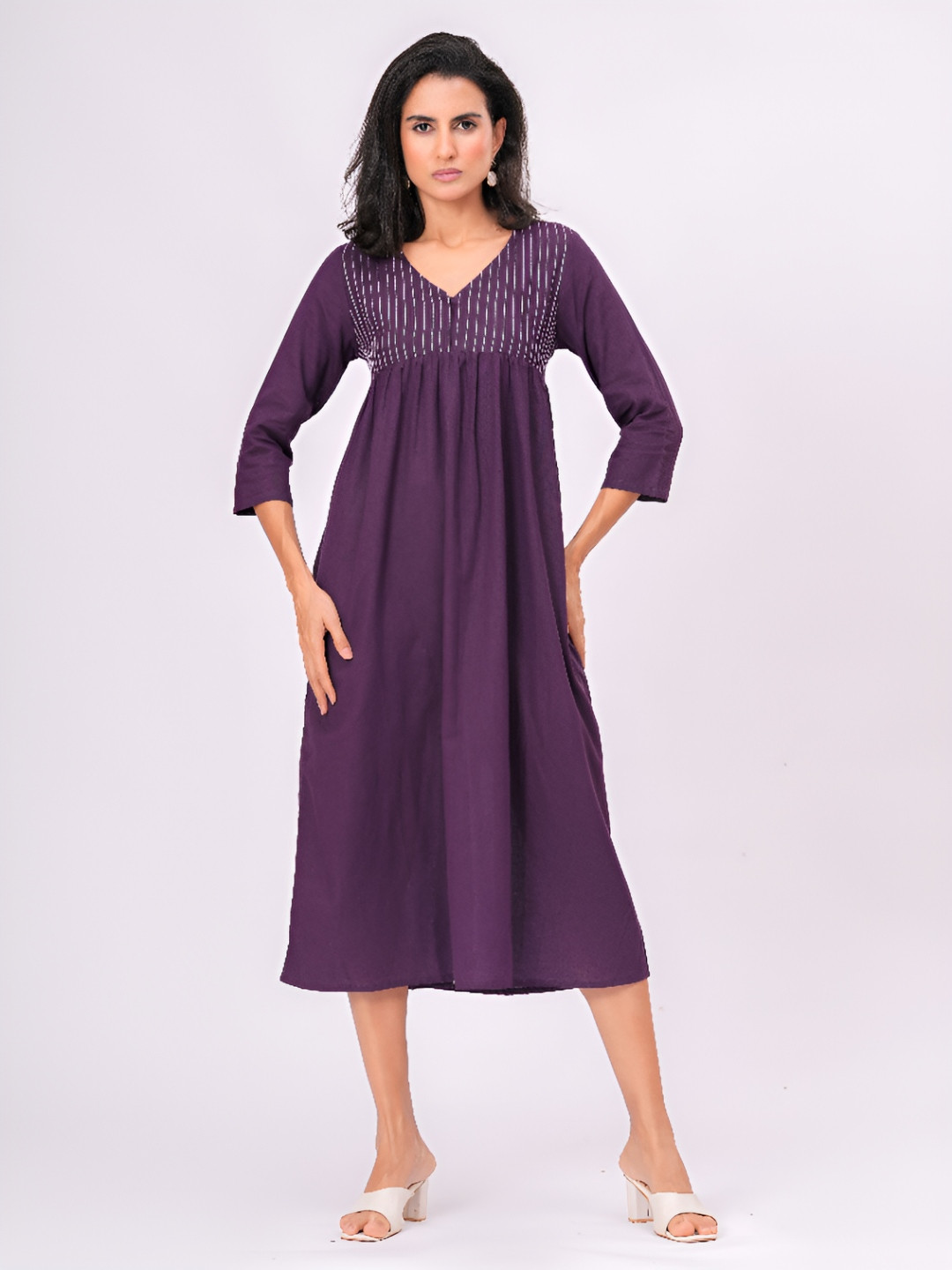 Garin Women Kantha Embroidered Cotton Linen Empire Midi Dress