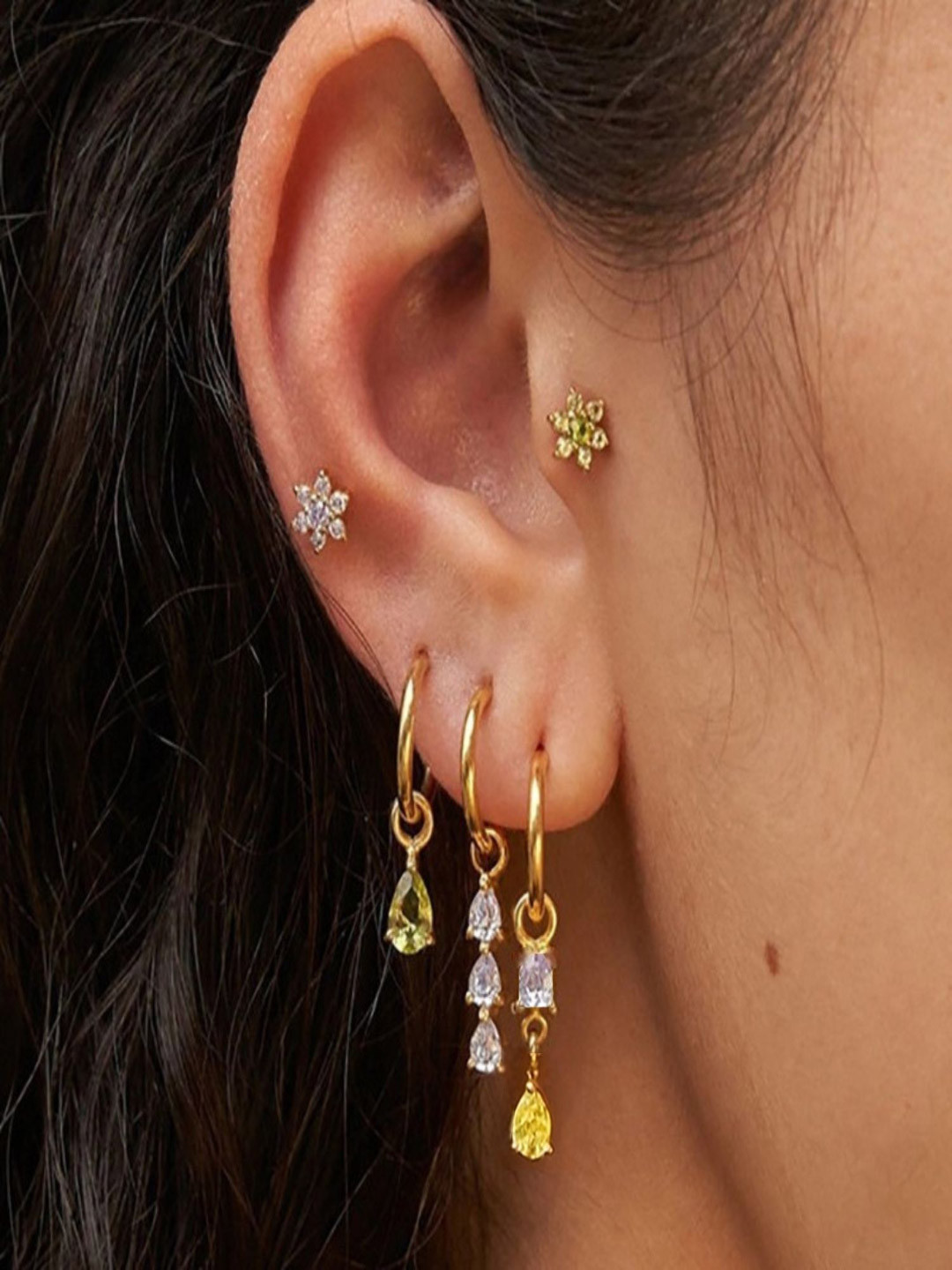 AQUASTREET Set of 5-18K Plated AntiTarnish Floral & Zircon Earring Single-Ear Earrings Set