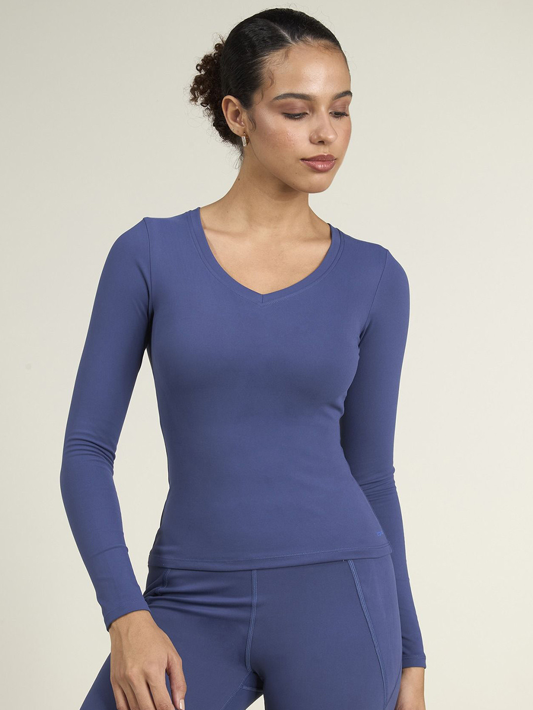 CAVA Navy Women Sculpt Snug Fit V-Neck Full Sleeves Fitted Top