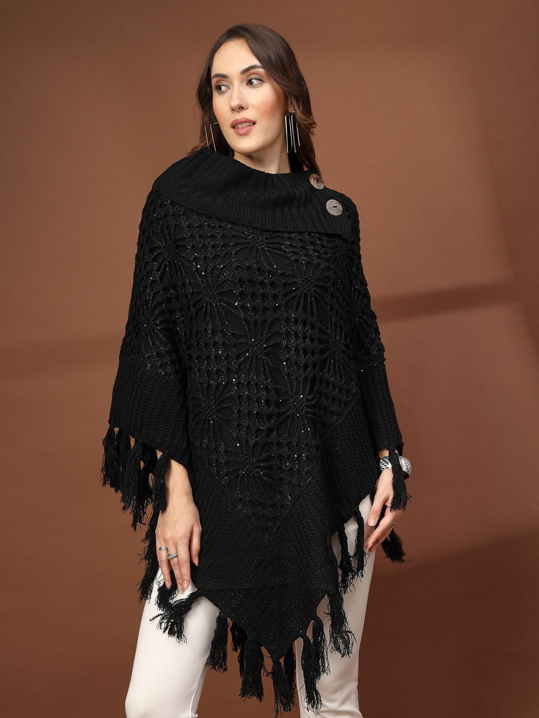Mafadeny Crochet Button Detail Cowl Neck Poncho with Fringe