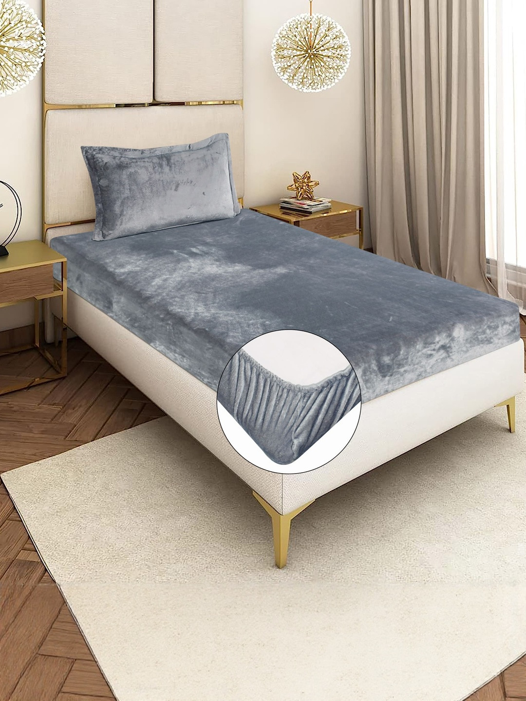 REALDREAM Grey Solid 300 TC Velvet Fitted Single Bedsheet With 1 Pillow Cover