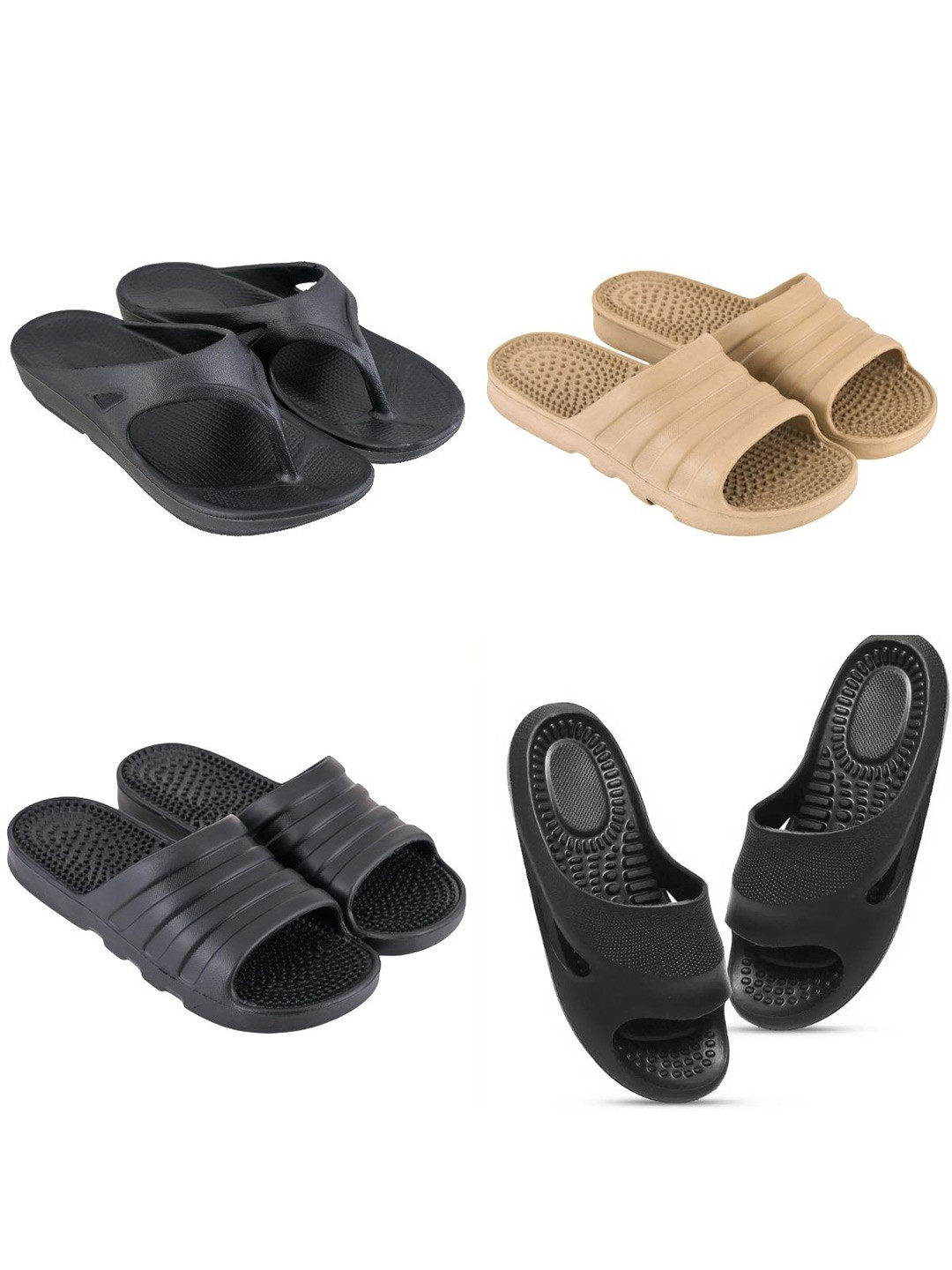 Feel alive Set Of 4 Ultra-Comfortable & Lightweight Sliders And Thong Flip Flops