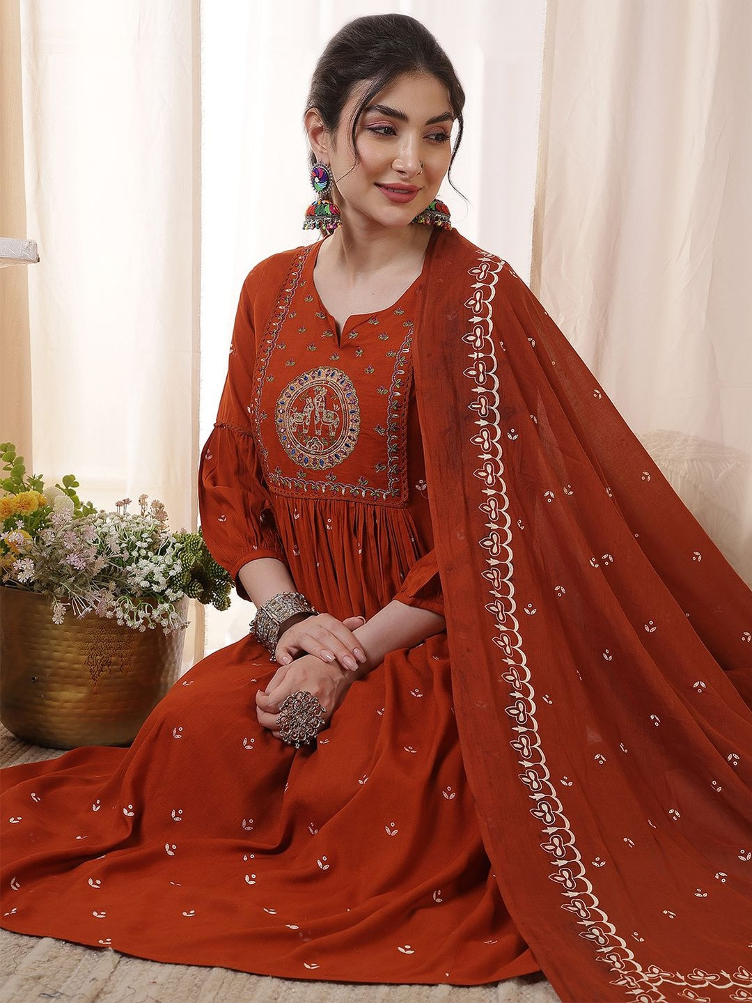 KIMAYRA Women Rayon Calf Length Printed 3/4 Sleeves Round Neck Flared Kurta Suit Set