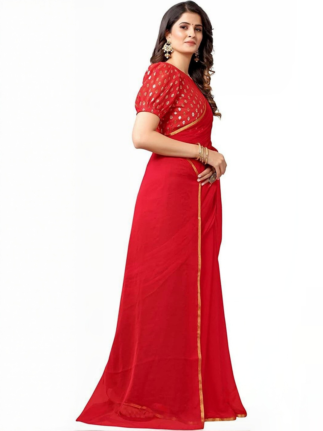 The Fashion Attire Solid/plain Bollywood Chiffon Saree (Red)