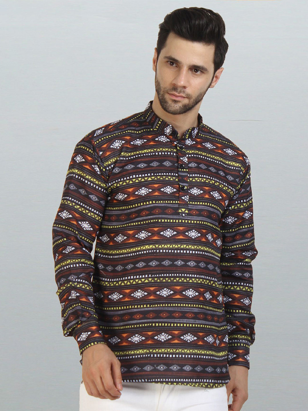 Silver Buck Geometric Printed Mandarin Collar Straight Kurta