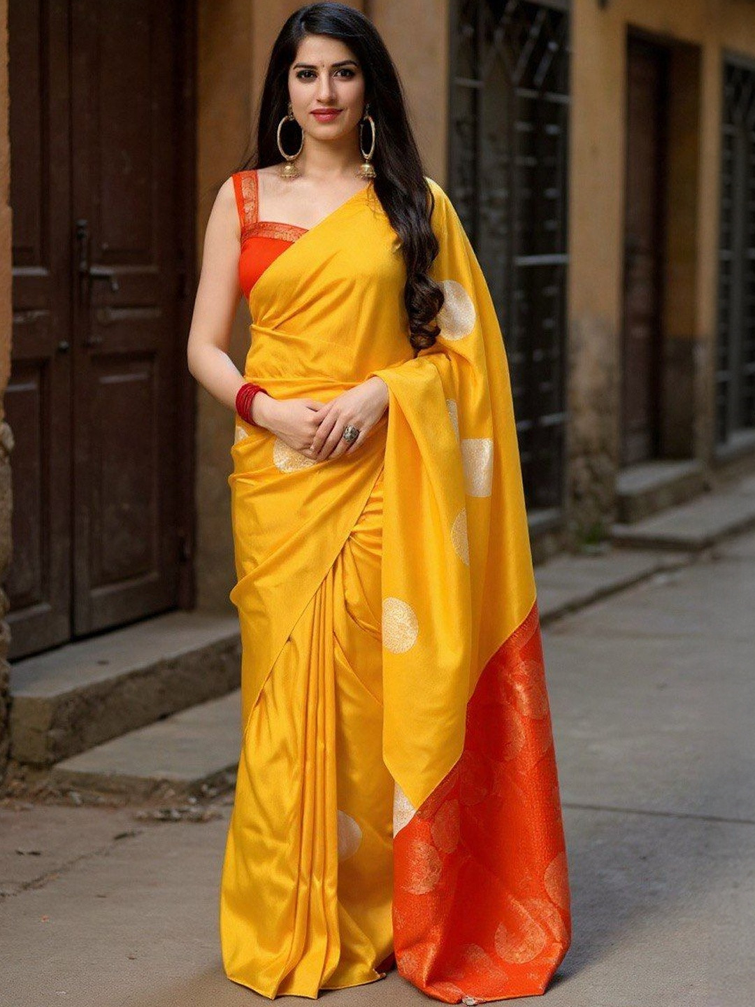 VILLE FASHION Yellow Woven Design Zari Art Silk  Banarasi Sillk Saree
