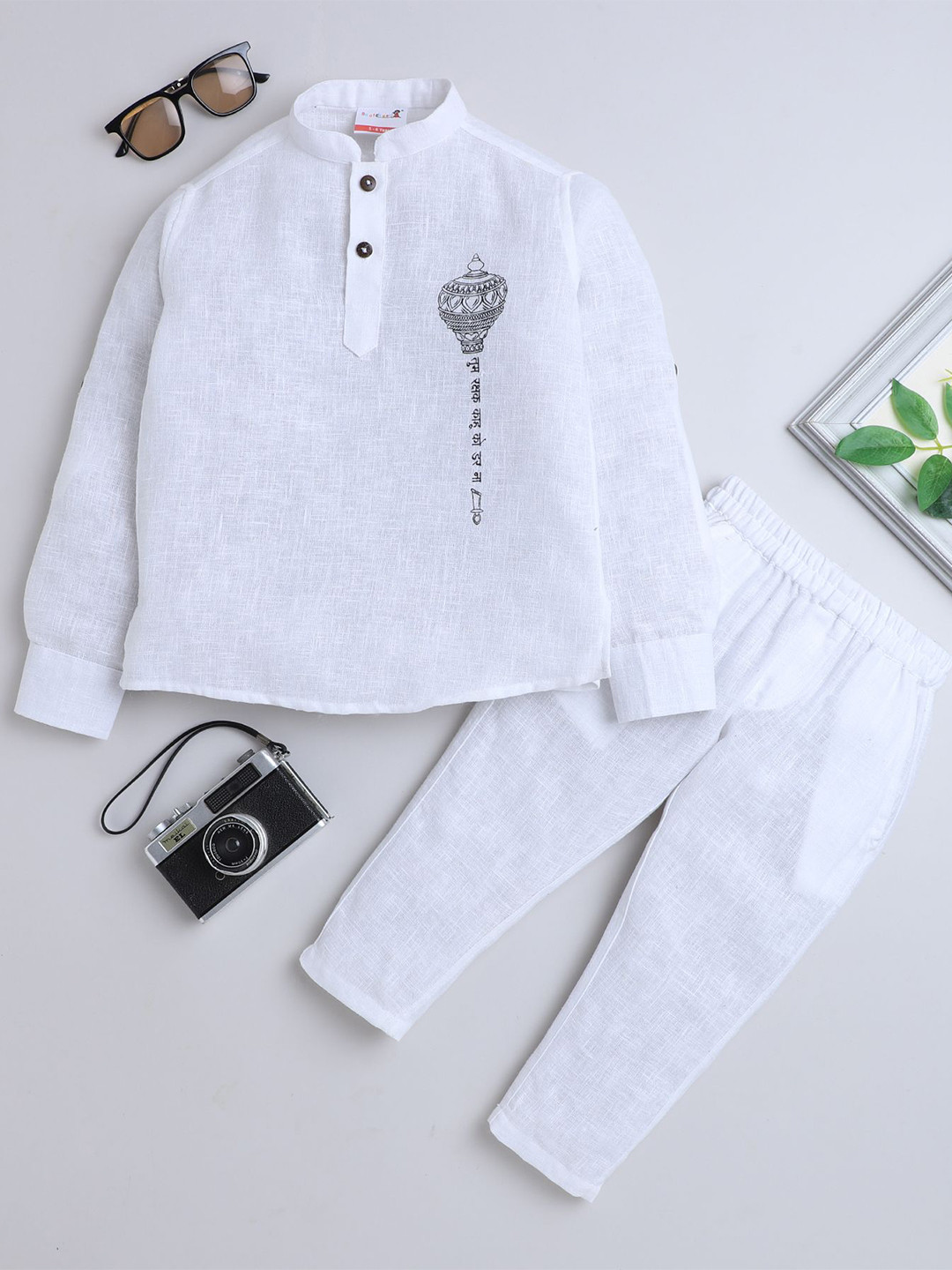 BAATCHEET Boys Mace-Printed Cotton Linen Kurta With Pyjama
