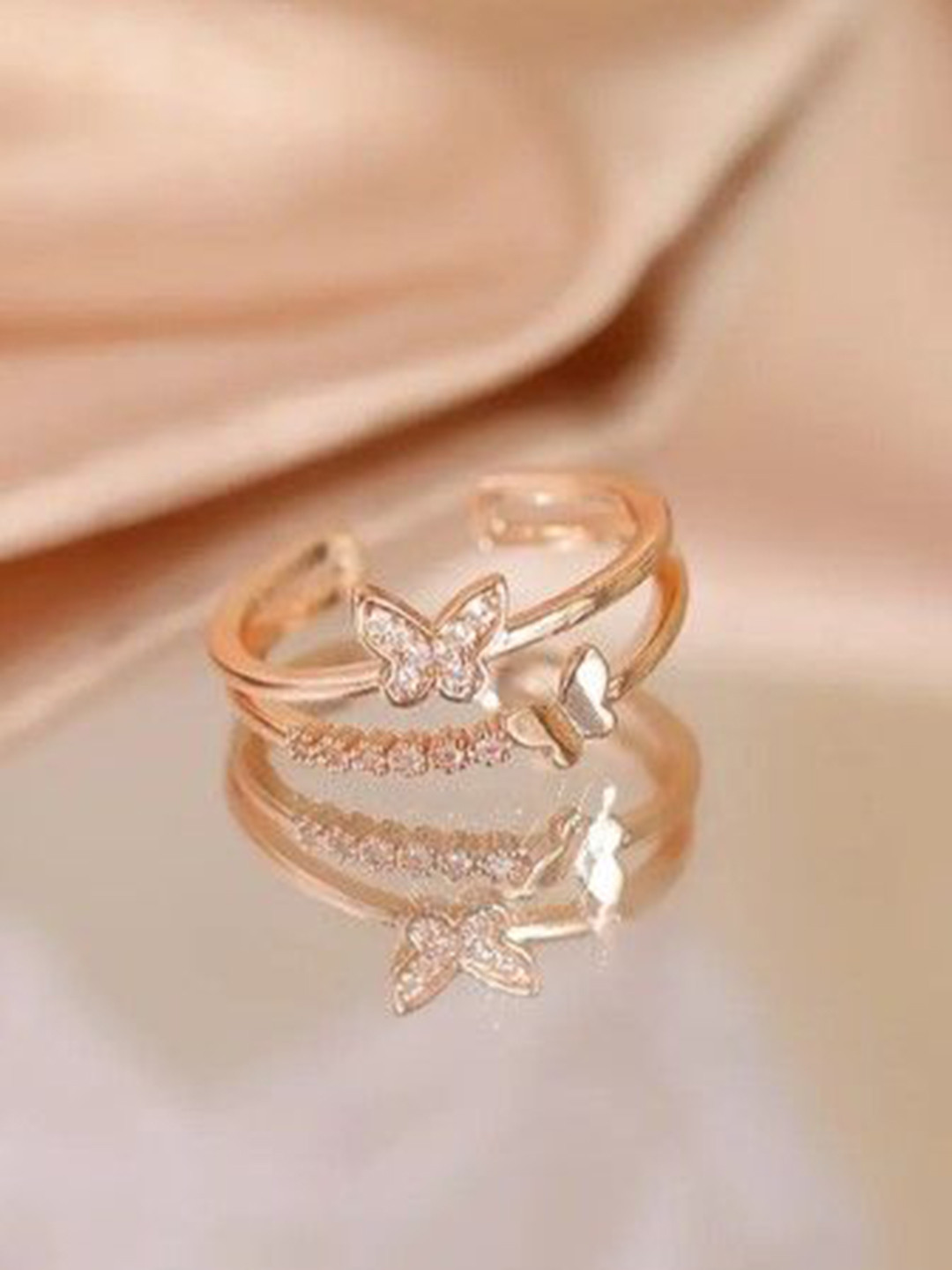 INKO & CO Rose Gold-Plated Artificial Stones Studded Butterfly Shaped Ring