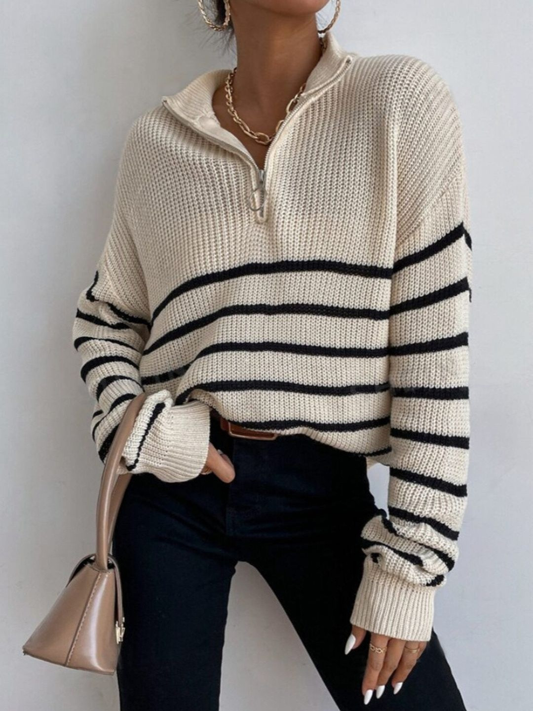 HERE&NOW Women Off white Cotton Ribbed Sweaters