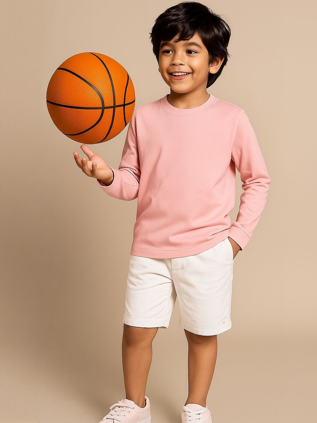 TALES & STORIES Boys Pink Cotton Round Neck Full Sleeve Solid T-Shirt
