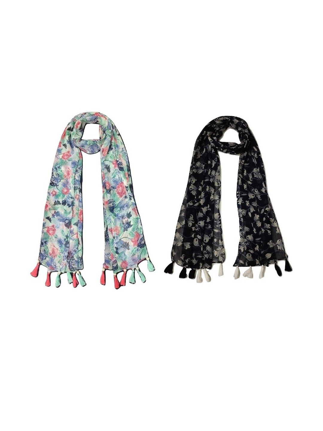 StoleVilla Pack Of 2 Floral Printed Tasseled Border Stoles