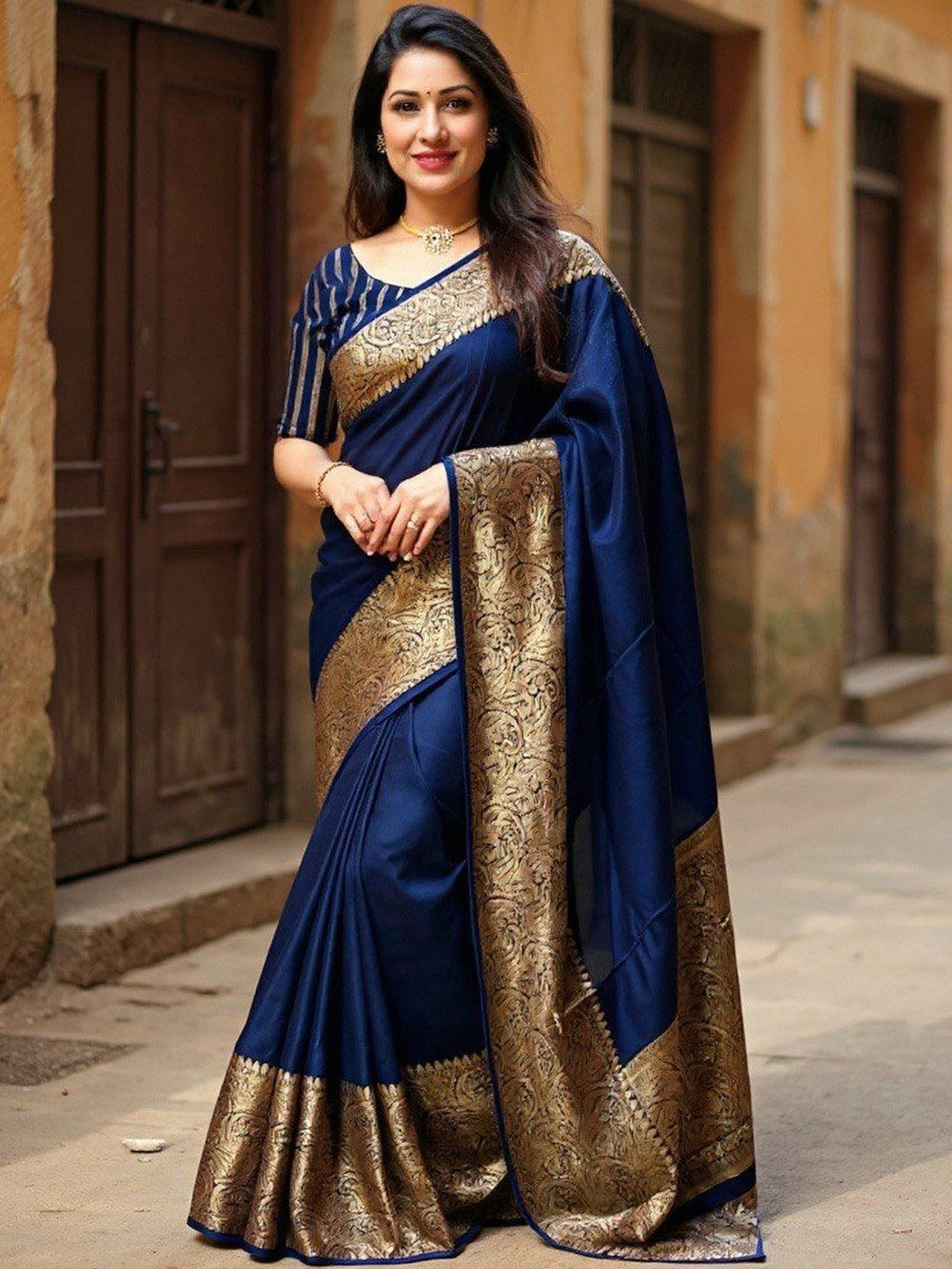 VILLE FASHION Blue Woven Design Zari Art Silk Kanjeevaram Saree