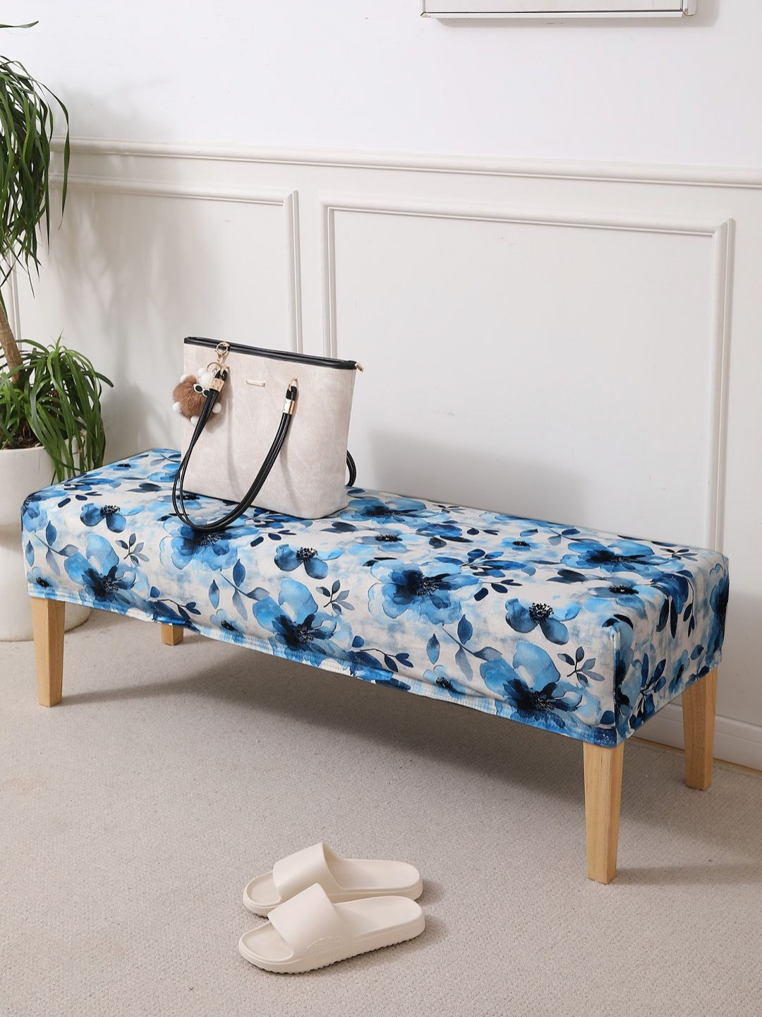 HOKIPO Blue & White Printed Velvet Stretchable Dining Bench Slipcover