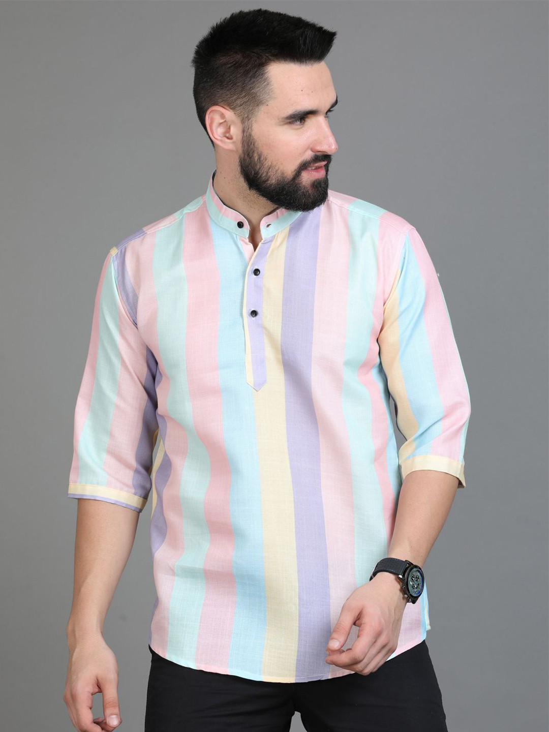 Silver Buck Colourblocked Mandarin Collar Straight Kurta