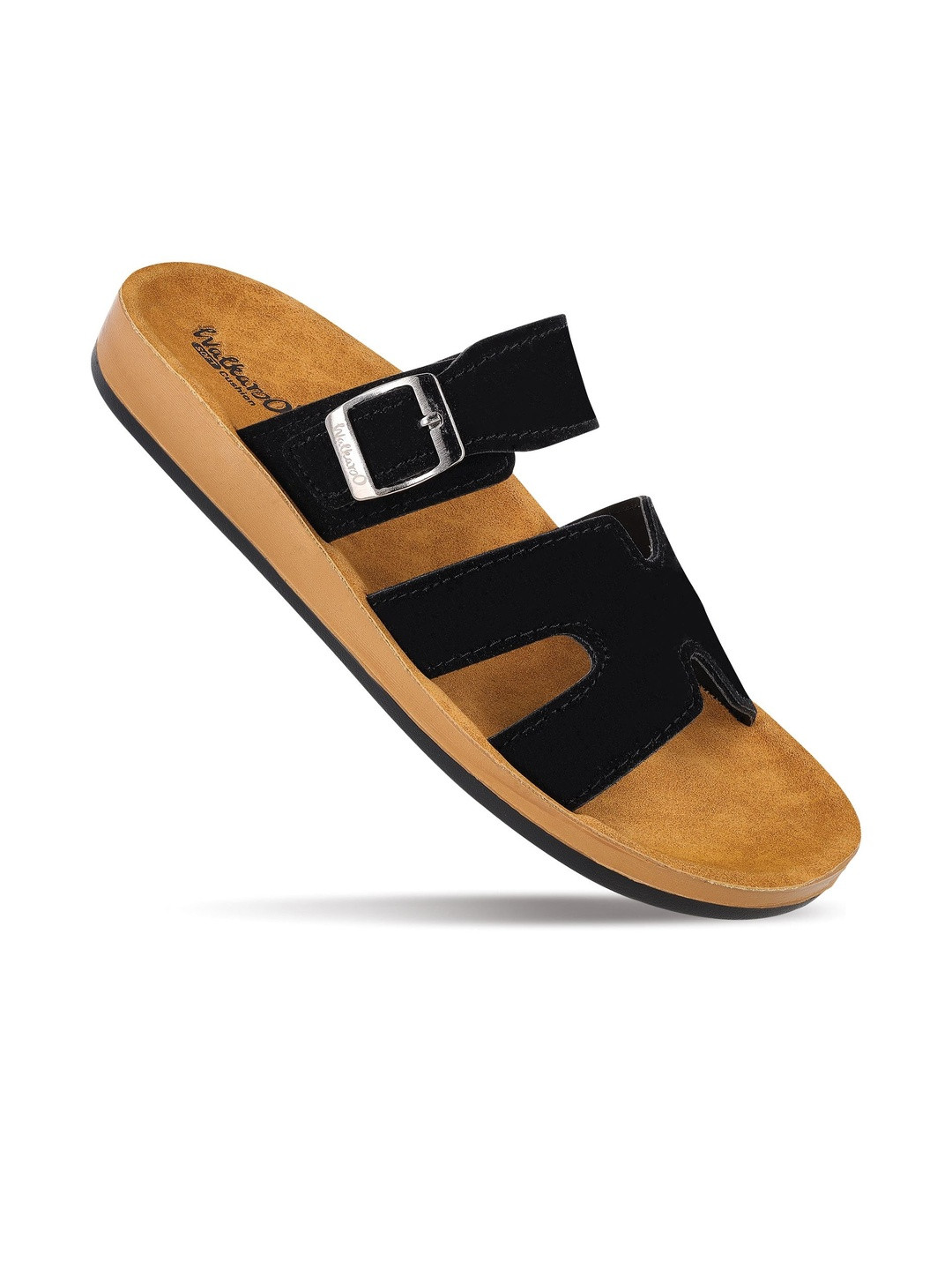 Walkaroo Women Black And Beige Slip-On Leather Comfort Sandals