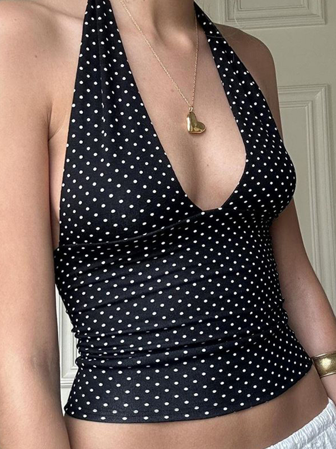 StyleCast x Revolte Women Polka Dot Printed Halter Neck Crop Top