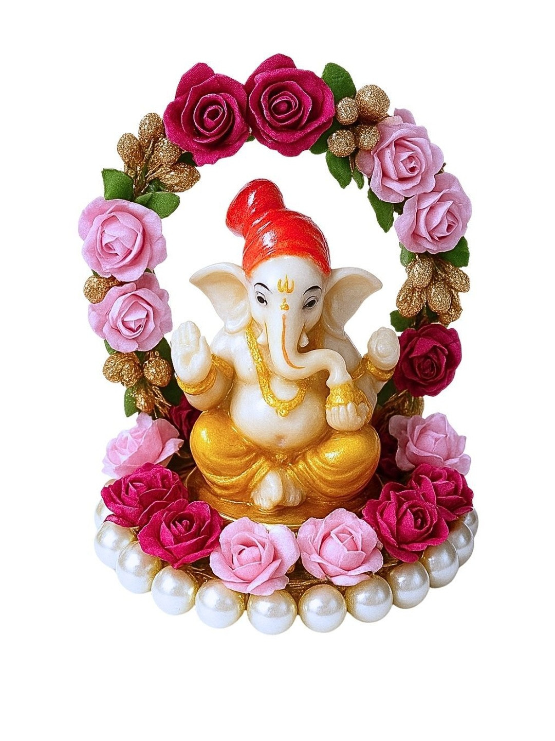 Tiny Shiny Off White Ganesh & Rose Embellished Idol Showpiece