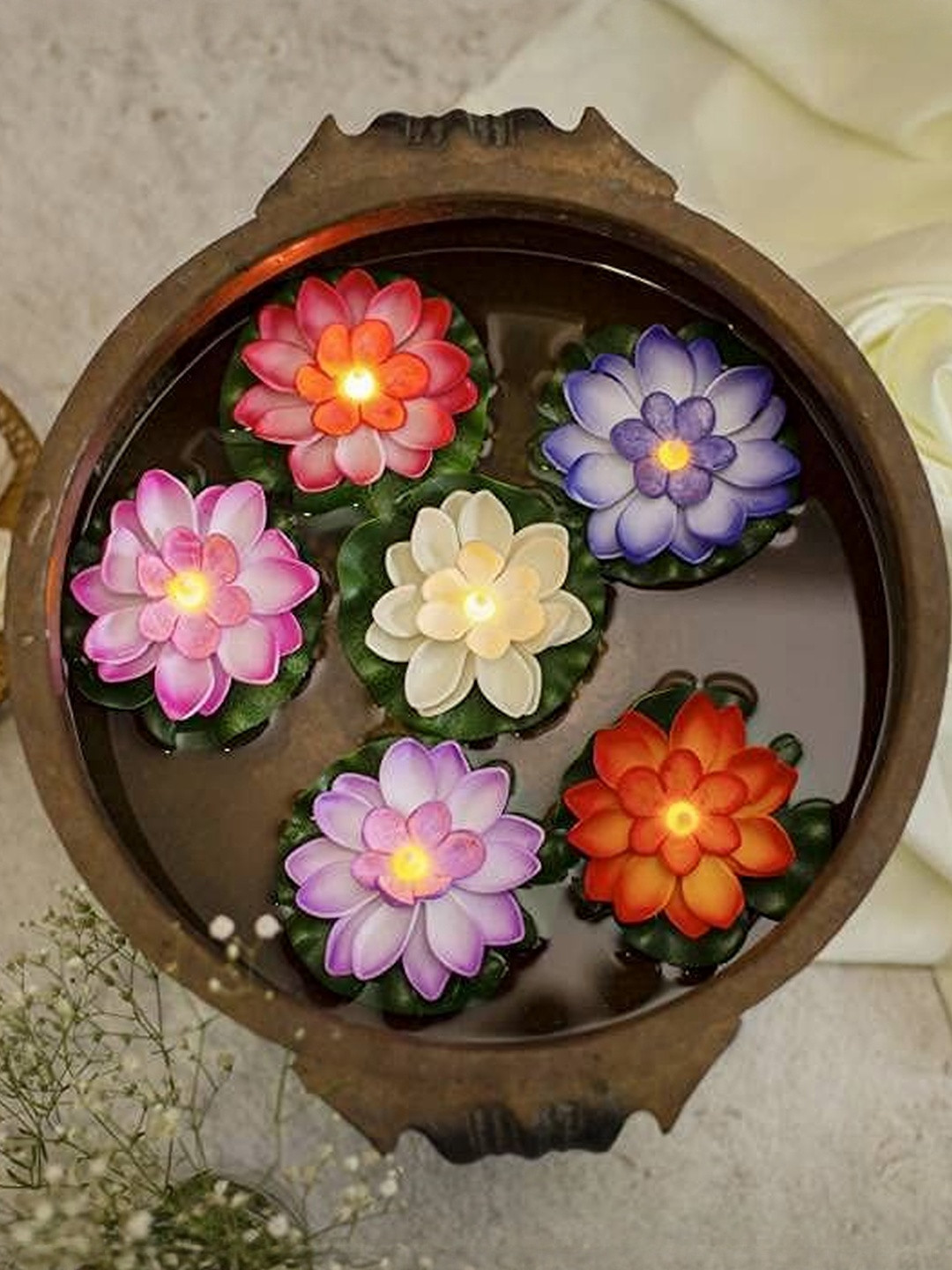 Afterstitch Multicoloured Pack of 6 Floating Lotus LED Candle
