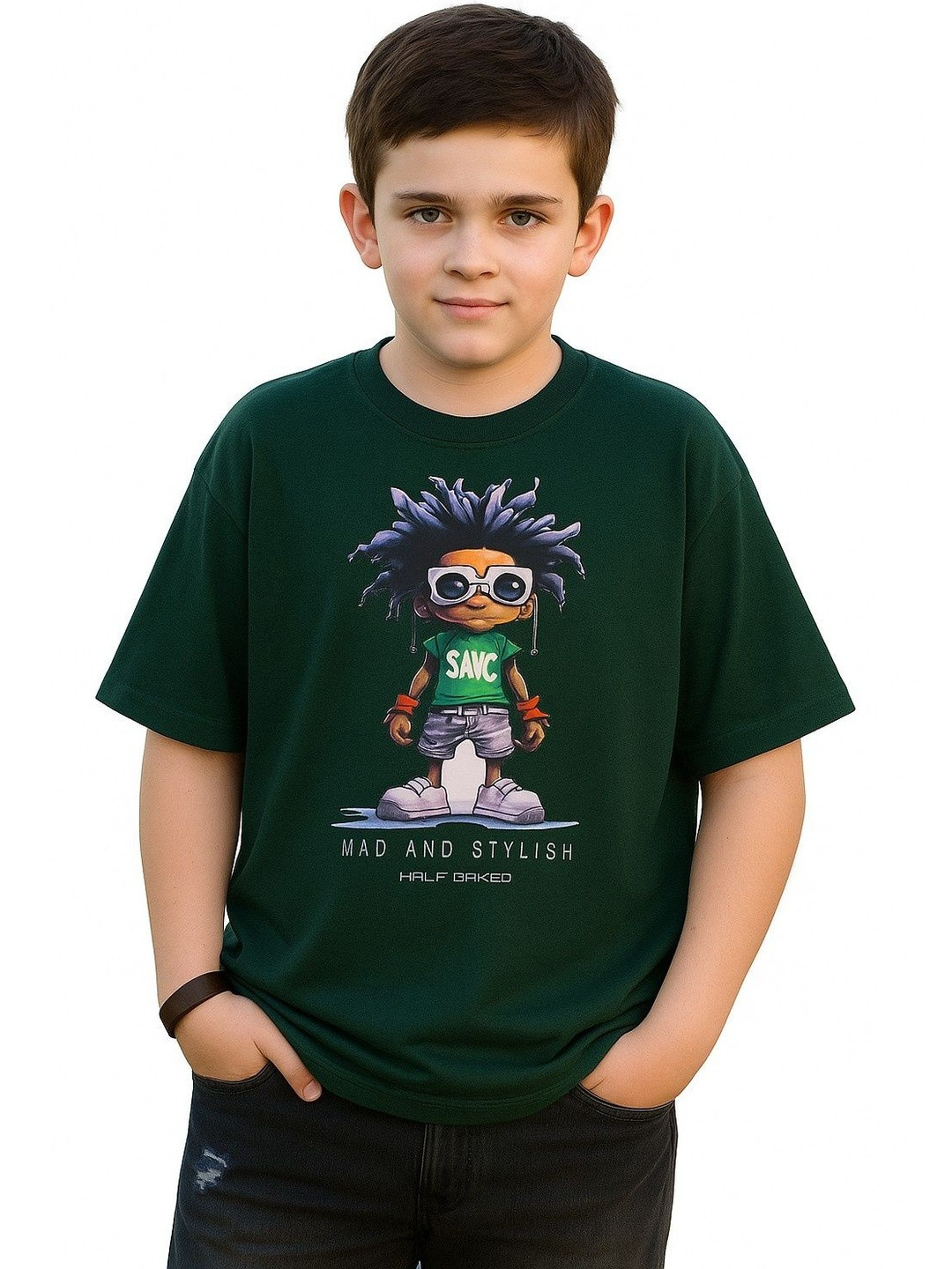 E-MAX Boys Green Blended Printed T-shirt