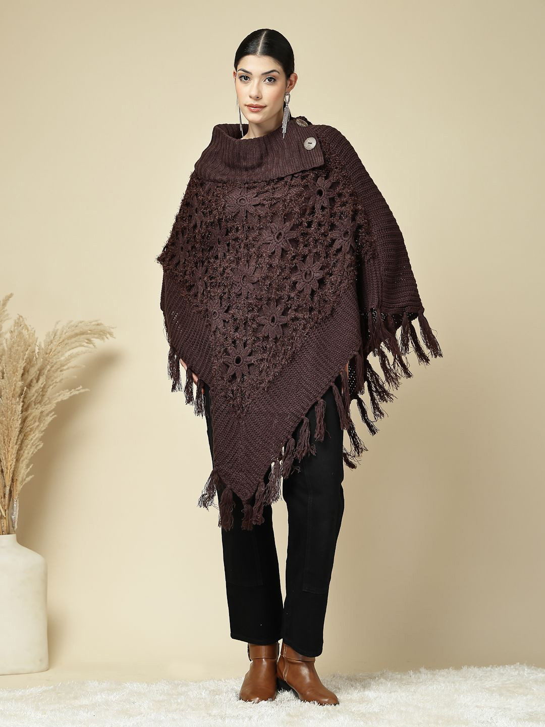 Mafadeny Cowl Neck Crochet Button & Fringe Trim Poncho