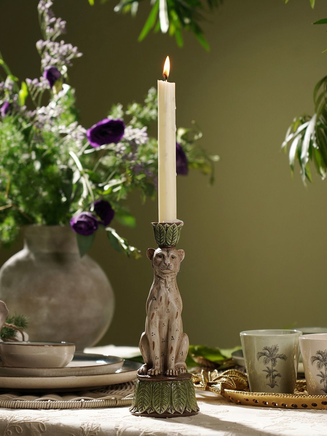 Pure Home and Living Beige & Green Leopard Themed Candle Holder