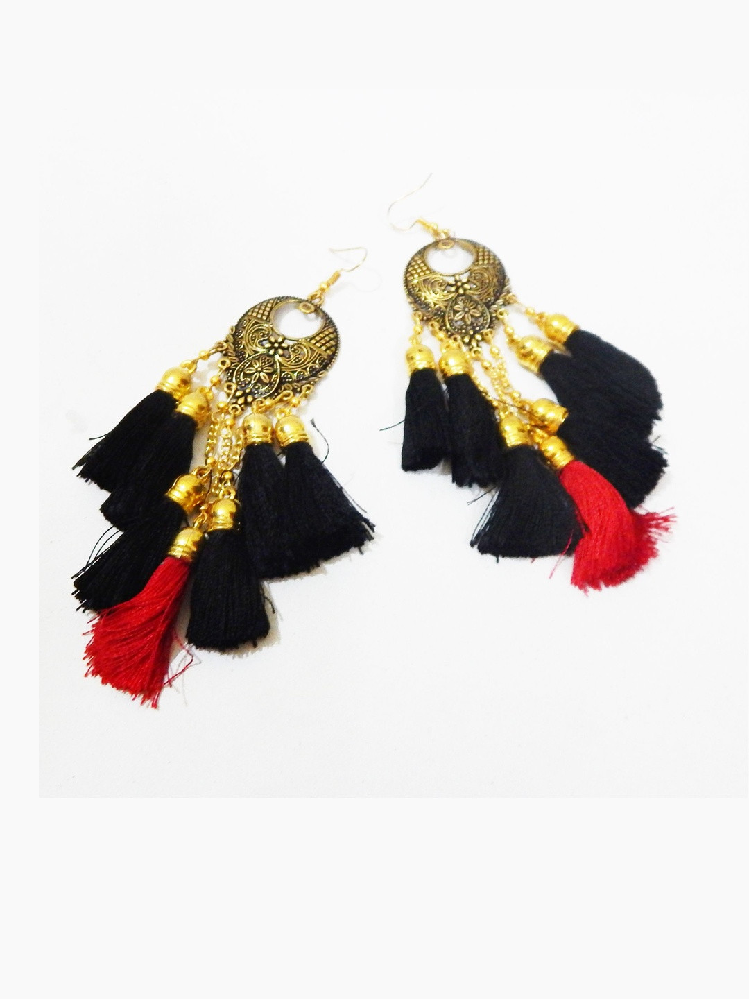 Jaya Vision Jewelry Metal Chandbalis with Black-Red Tassels Earrings