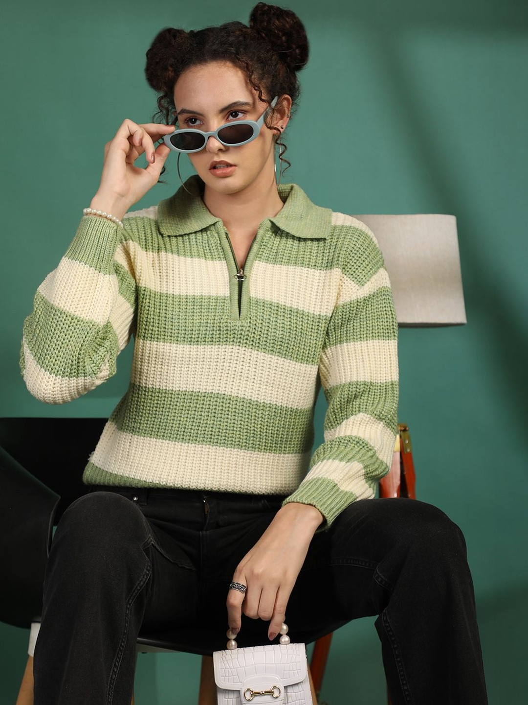 Roadster Women Green & Cream Shirt Collar With Zip Striped Woolen Pullover Sweater