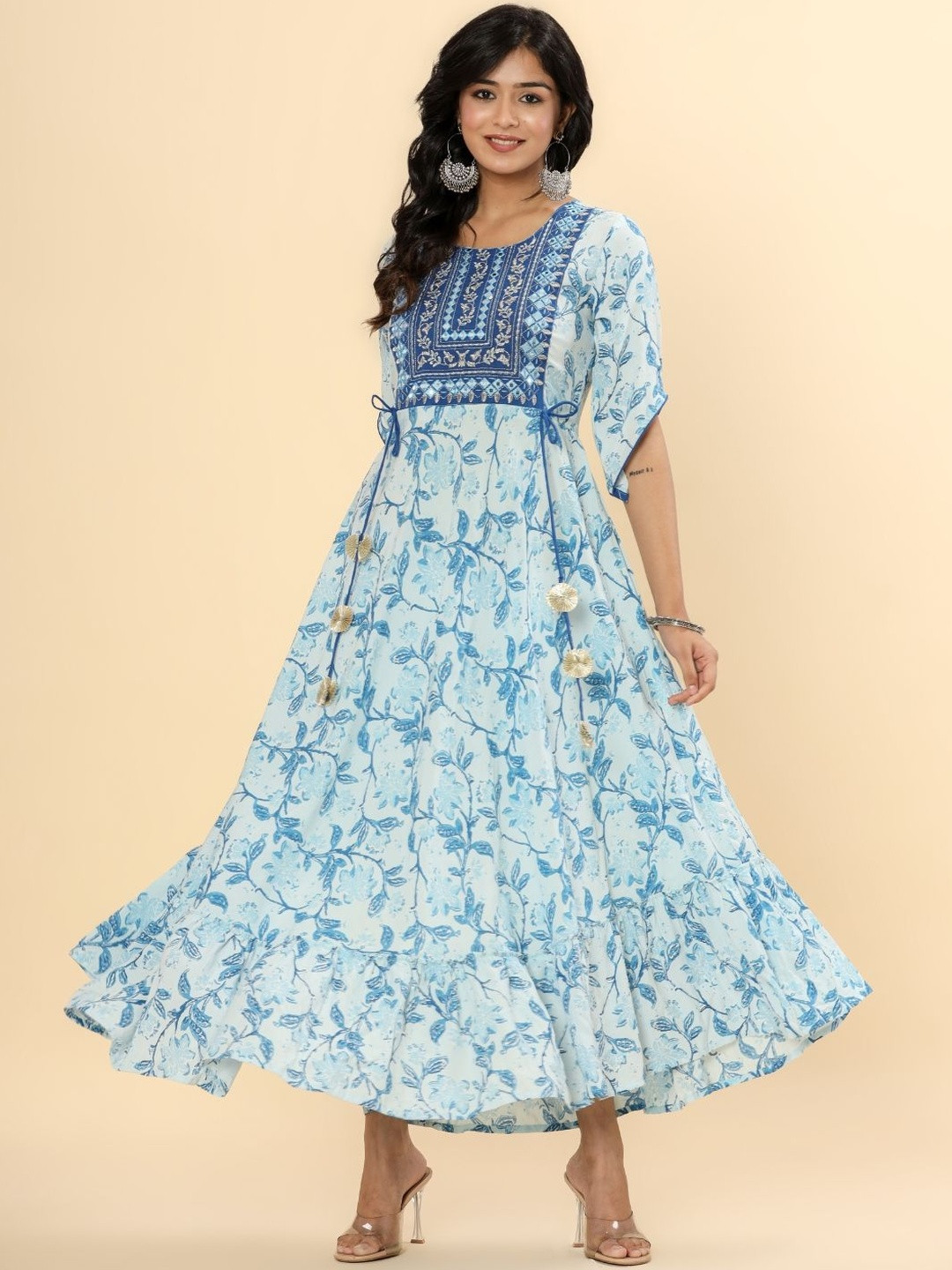 HERE&NOW Women Blue Embroidered Anarkali Gown Dress
