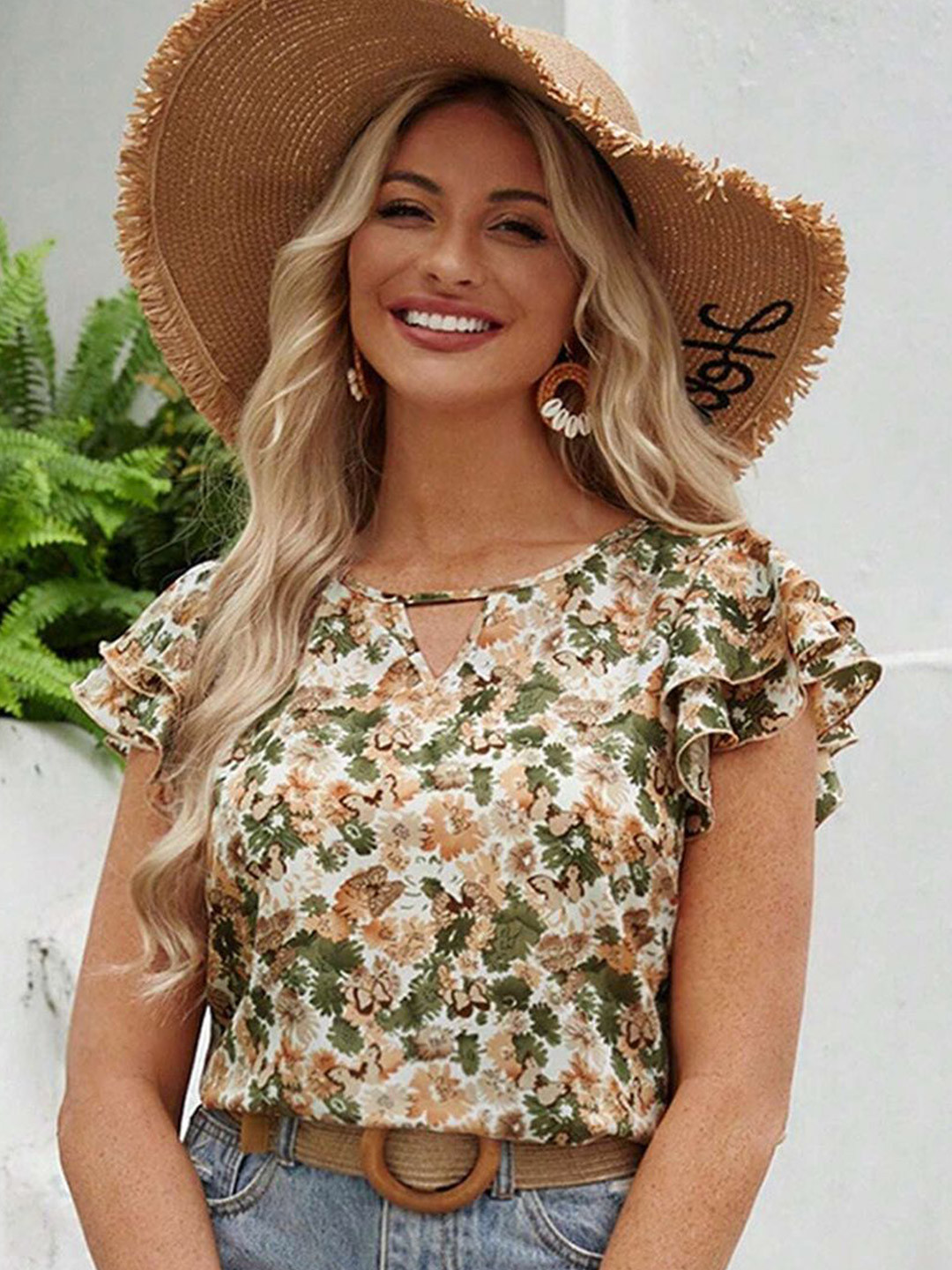 JC Mode Women Floral Printed Flutter Sleeve A-Line Regular Top