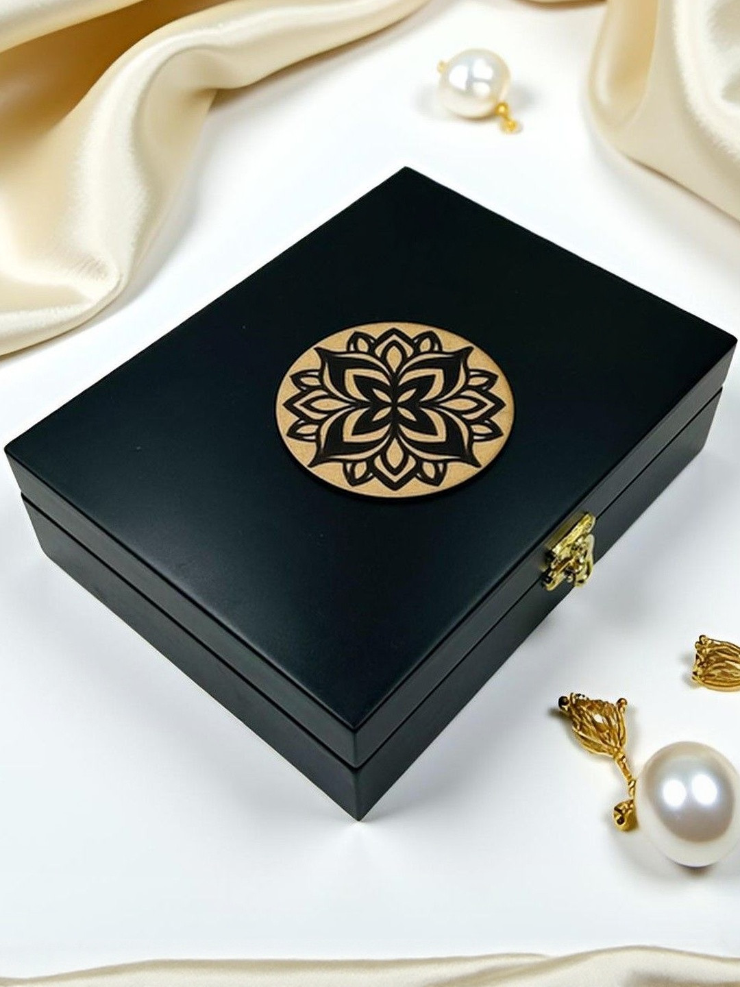Angira handicrafts Black Wooden Storage Box with Velvet Interior