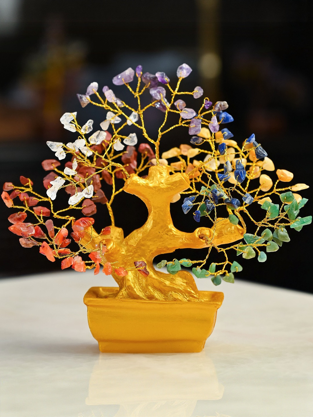 HINDCRAFT Multicoloured 7 Chakra Tree of Life Bonsai Crystal Figurine Showpiece