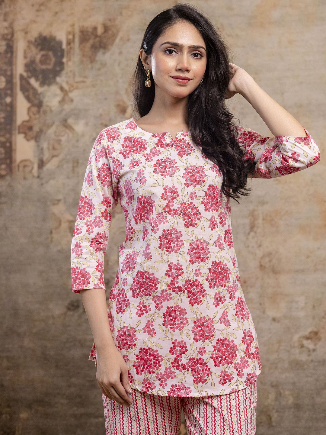 Anouk Pink Floral Printed Cotton Tunic & Striped Palazzos