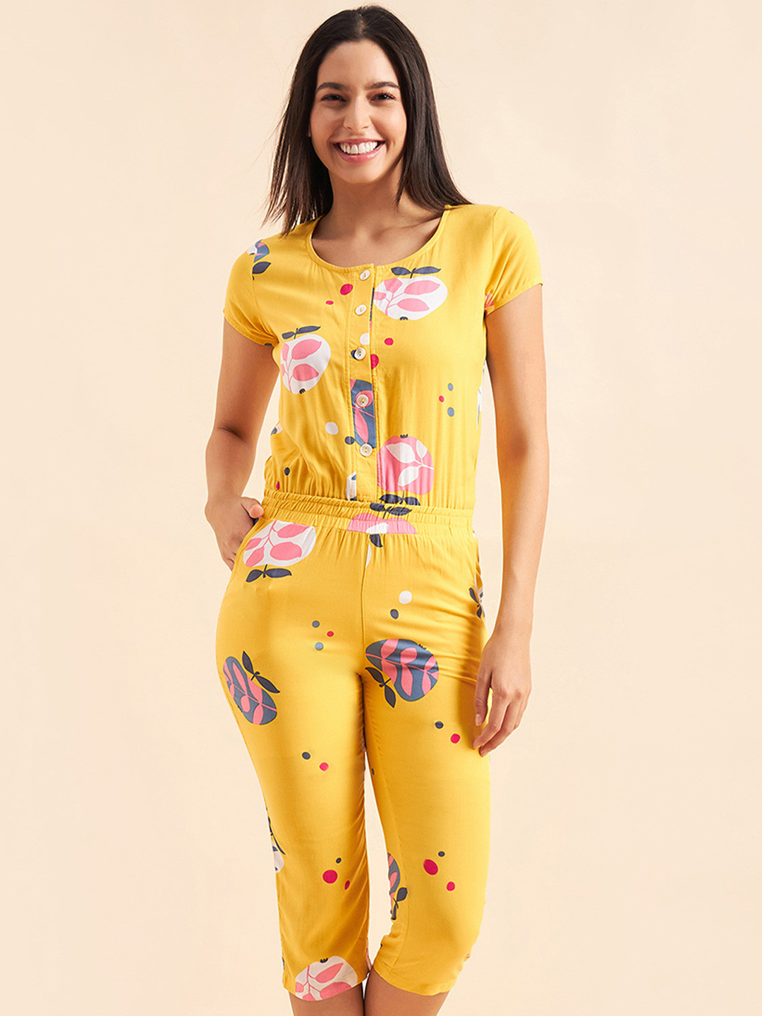 Sweet Dreams Yellow Printed Capri Jumpsuit
