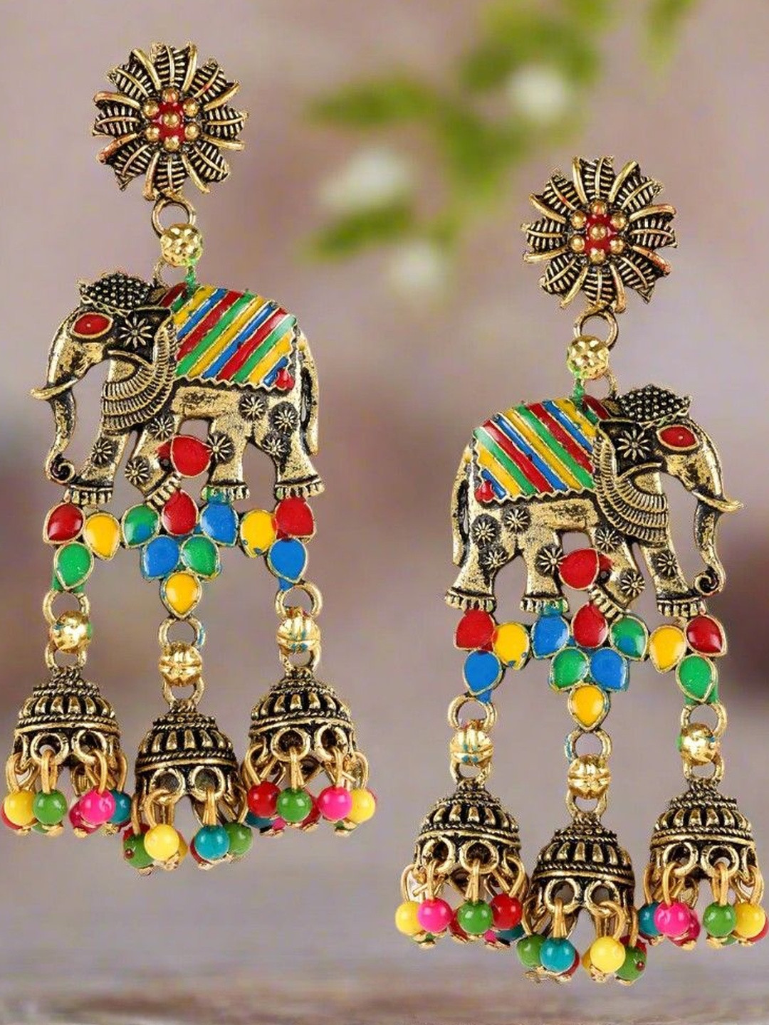 Anouk Women Elephant Shaped Enamelled Pearls Drop Earrings