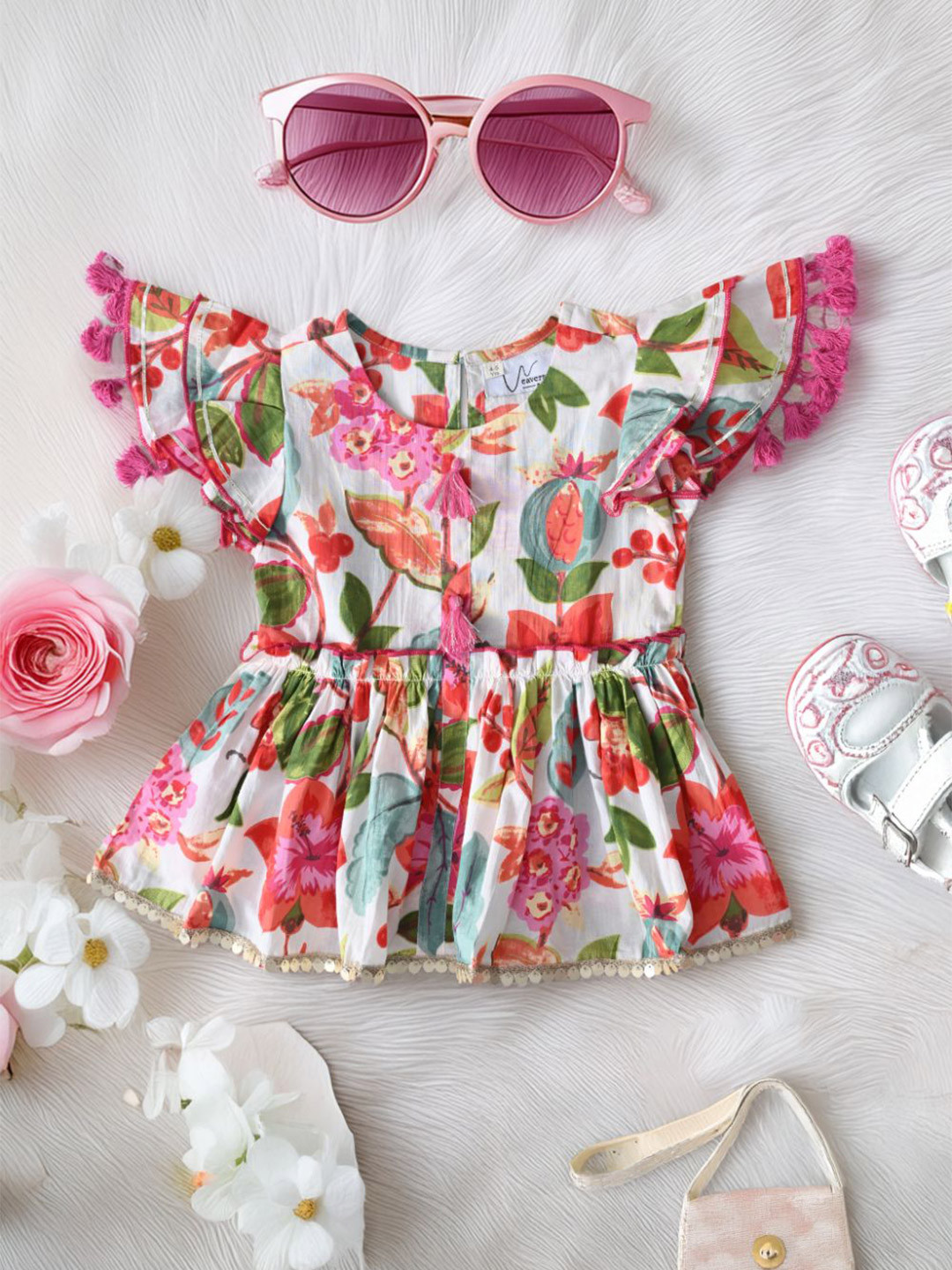 THE WEAVERS SHOP BY RAAVI Girls Printed Pure Cotton Top With Palazzos