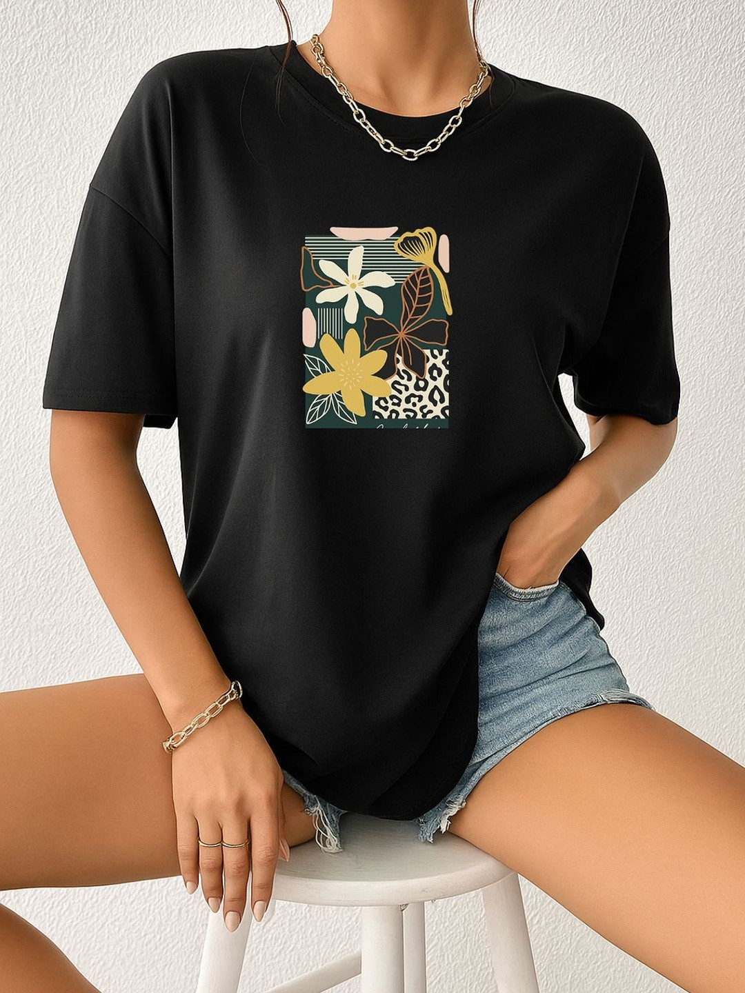 SZN Women Black Graphic Printed Drop Shoulder Oversized T Shirt