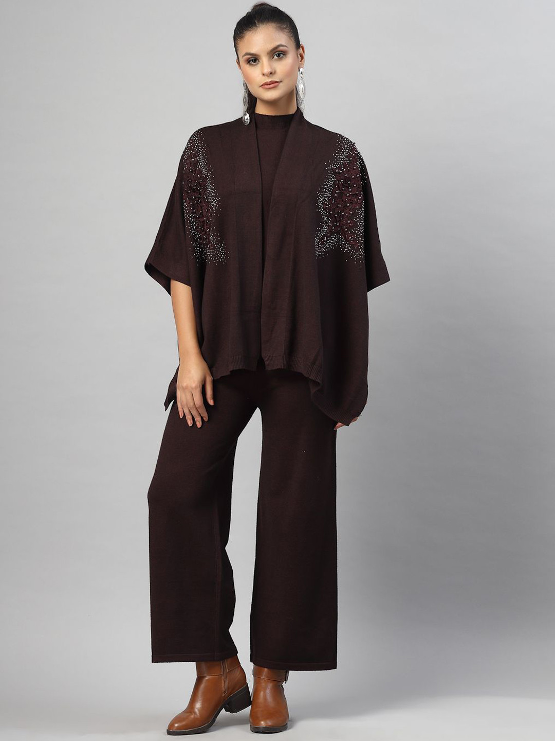 Mafadeny Women 3-Pcs Winter Taupe Embellished Mandarin Collar Shrug with Wide-Leg Pants